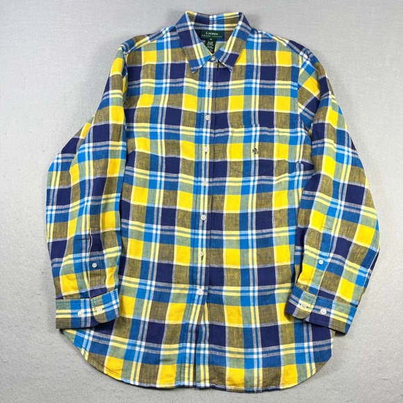 Lauren Ralph Lauren Womens 1X Linen Plaid Button Down Shirt Yellow Blue LRL - Picture 2 of 6